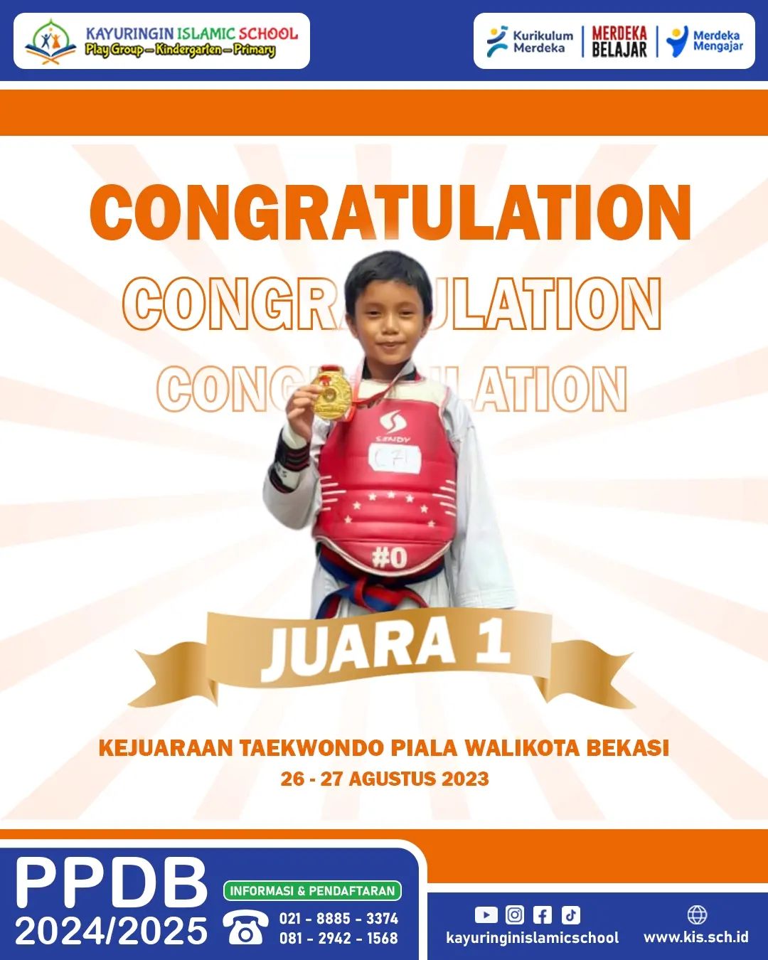 Juara 1 dalam kejuaraan Taekwondo Piala Walikota Bekasi 2023